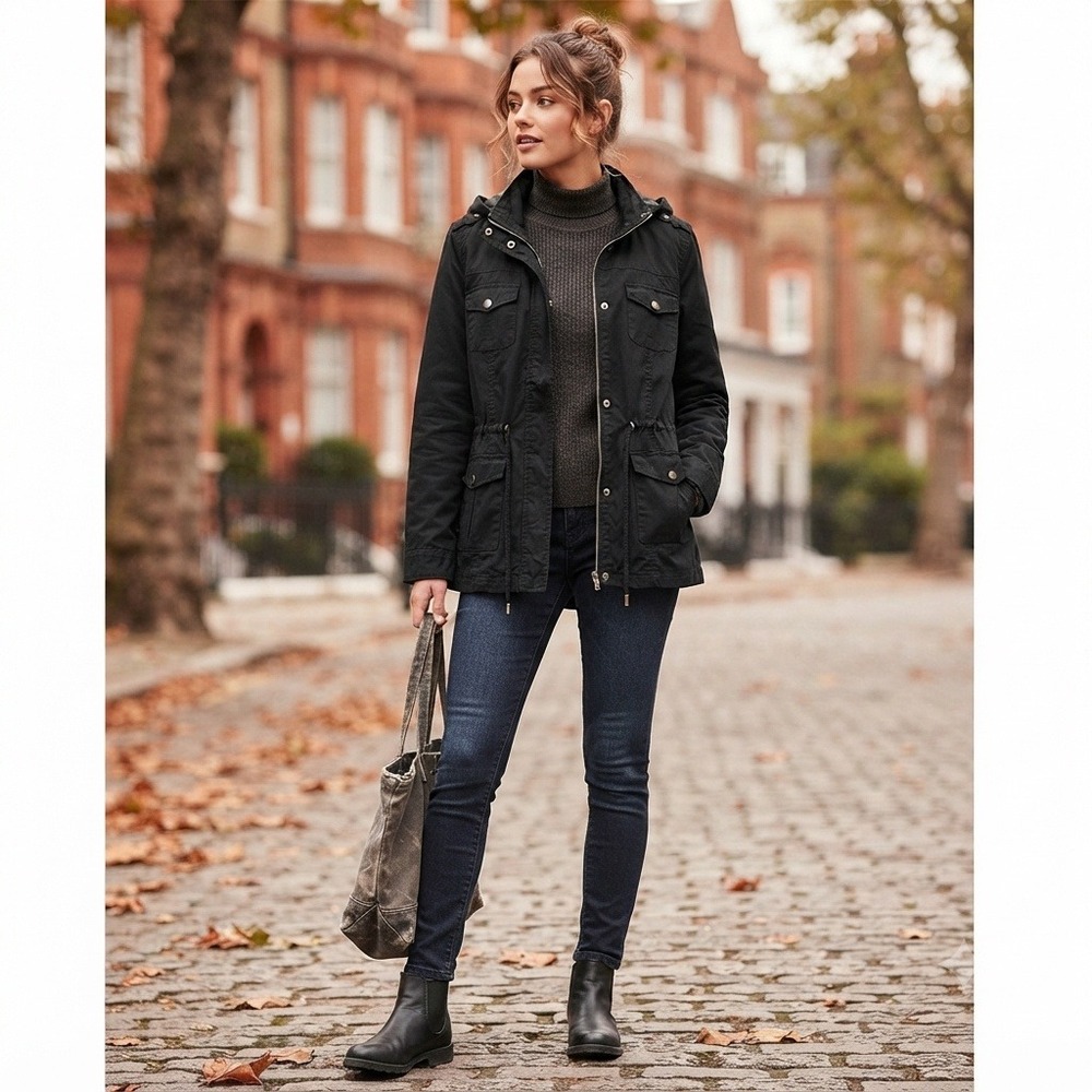 New Look Hooded Anorak Jacket Drawstring Utility Pockets Black XL